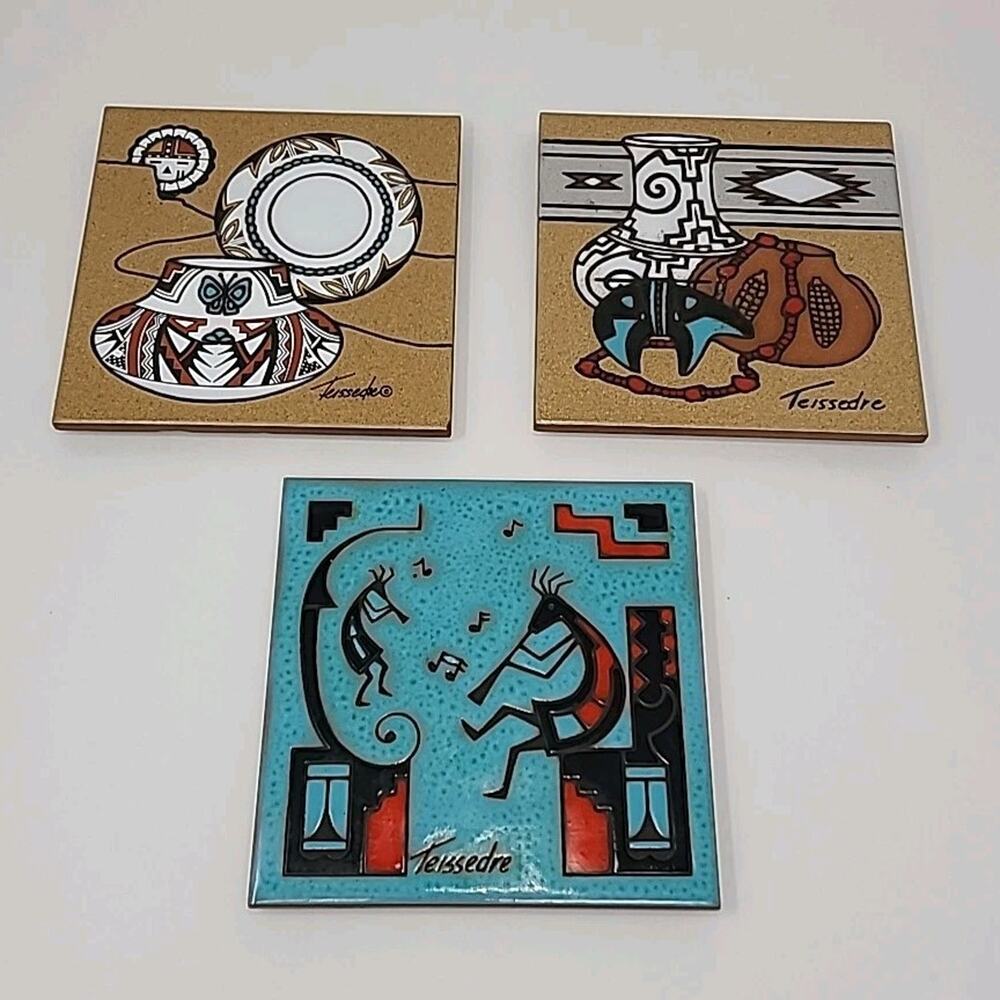 3 Teissedre Designs Southwestern Ceramic Hand painted Tiles 6x6” Kokopelli Flute